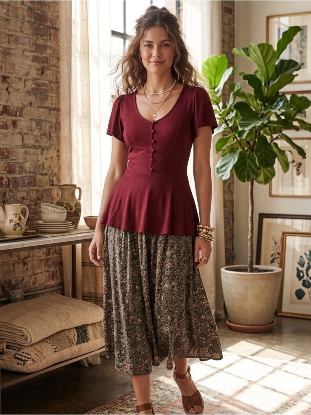 ModCloth Retro Vintage Boho Twee Burgundy Peplum Ruffled Blouse Top S Flutter